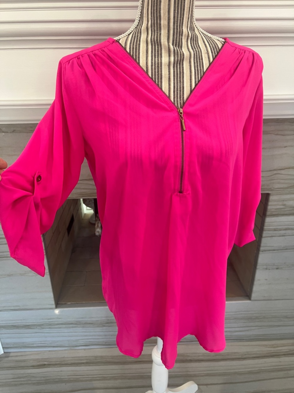 Women’s Hot Pink V-Neck Zip Front Blouse